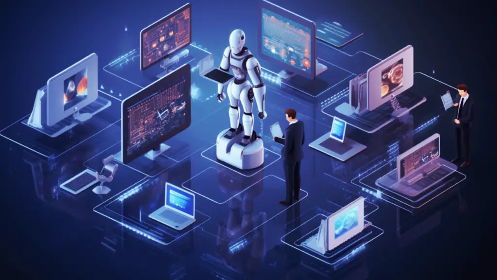 AI-powered business automation concept with a humanoid robot overseeing digital workstations, symbolizing the future of artificial intelligence in business process automation.