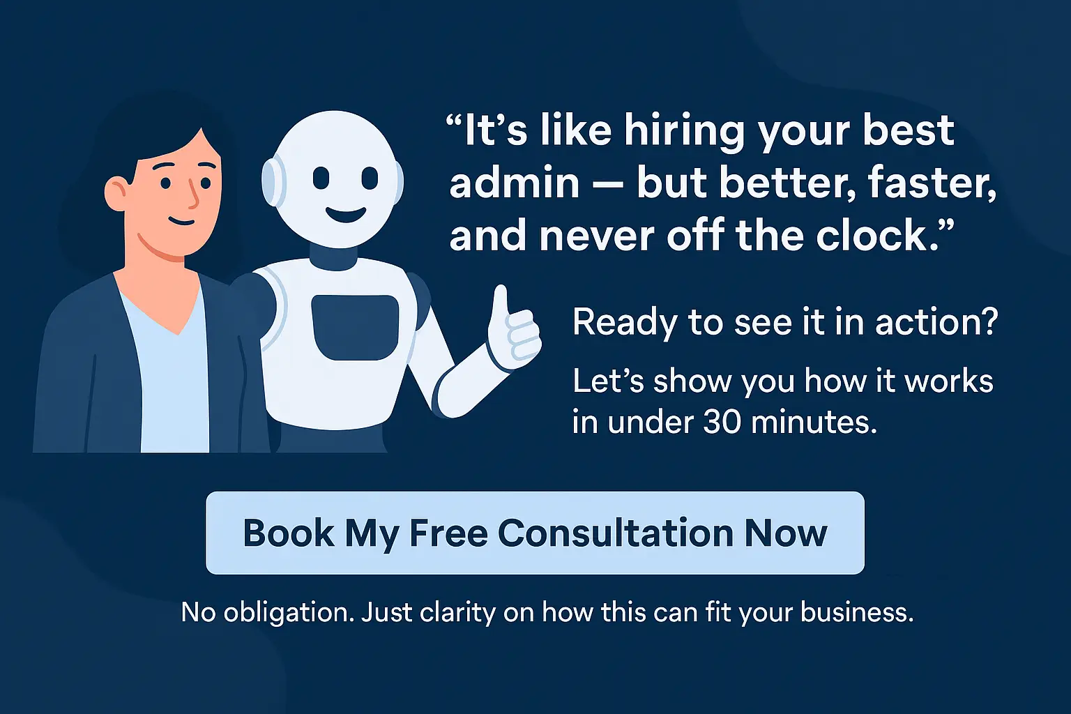 Illustration of a businesswoman standing beside a smiling AI assistant giving a thumbs-up, with text promoting a free consultation for AI phone and chat agent services.