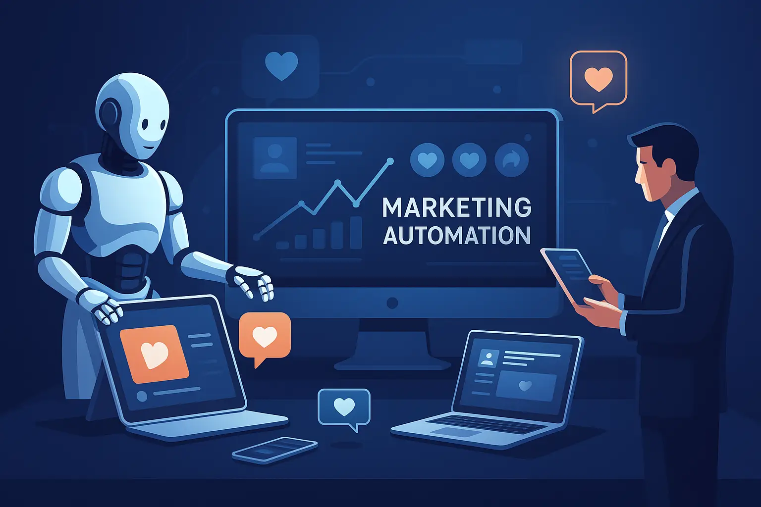 AI assistant optimizing social media performance metrics on a digital dashboard in a modern marketing office.