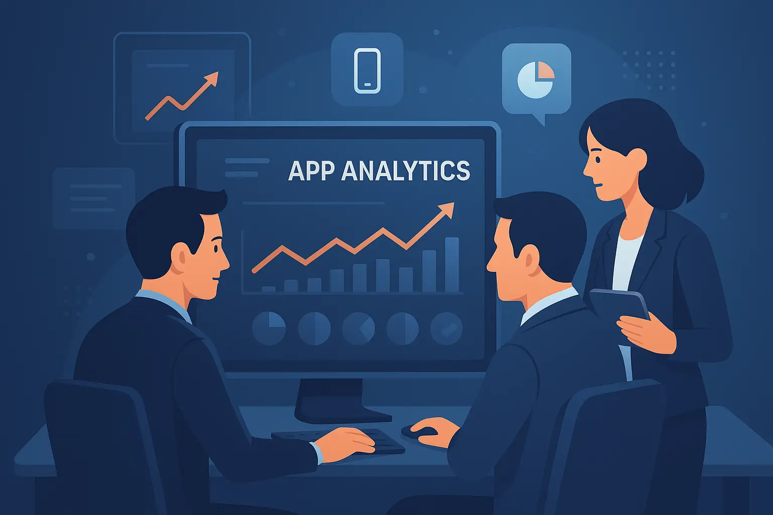 Two professionals using an AI system to track business data and visualize performance metrics on a dashboard.
