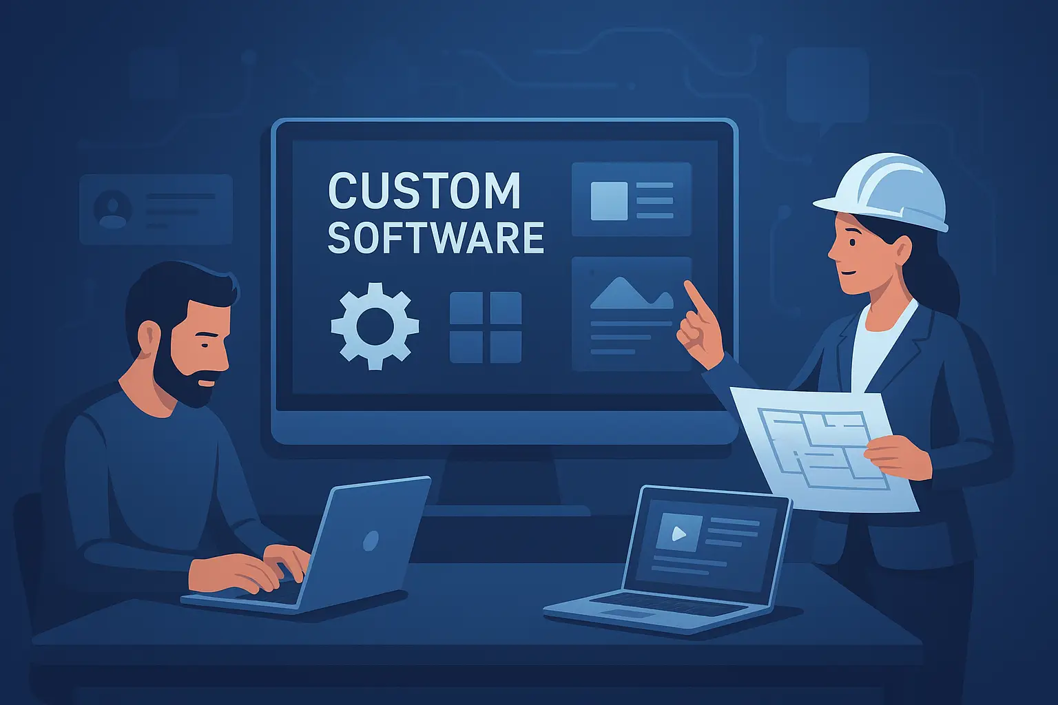 Business professionals using an AI-driven interface for client support and custom software operations in a digital workspace.